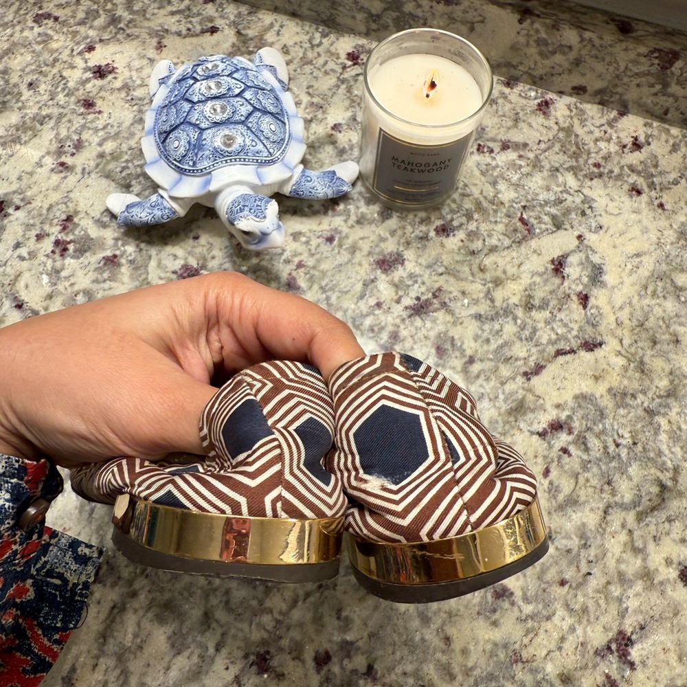 Tory Burch Buckle Sandals Flats Slip Ons Pattern Brown - Picture 8 of 10
